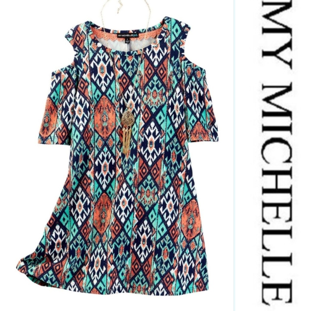 My Michelle Tribal Cold Shoulder Shift Dress + Necklace Set Size 7 Boho